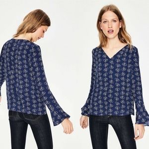 Boden Victoria Blouse Bell Sleeve V Neck Top Navy Blue White Print #W0201